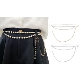 CCAIPU Chain Belts for Women, Pearl Adjustable Gold Metal Link Belt Retro Waist Chain Belt for Wedding Jeans Dress - 115cm (B-2pcs-Gold/Silver)