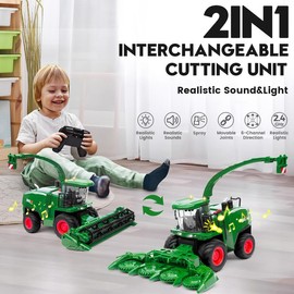 Remote Control Combine Harvester Tractor Toy, 1/24 Scale Kids Remote Control Harvester Toy with 2 Grian Heads/2 Rechargeable Batteries/Lights, Farm Toy for Boys 4-9 Years Old Birthday Gift