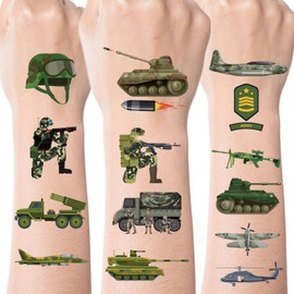 INCOK Military Camouflage Temporary Tattoos, 200+ Army Birthday Party Decorations, Camo Soldier Tank Helicopter Army Tattoo Stickers for Kids Boys Girls Military Party Favors Supplies School Prizes