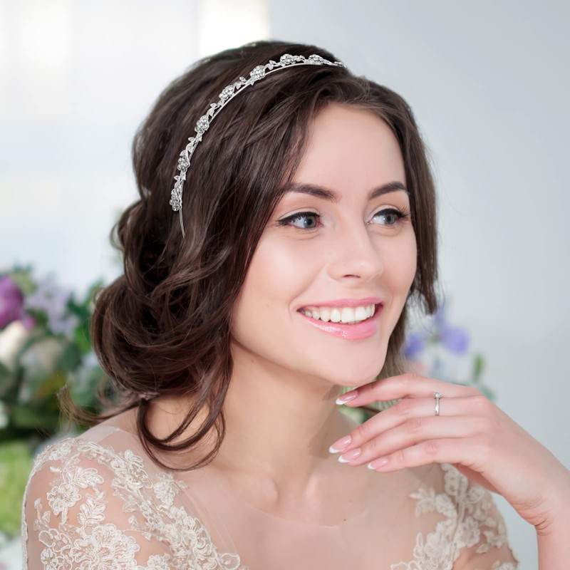 WINOMO Crystal Bridal Flower Leaves Crown Headband Tiara Headpiece, Silver,