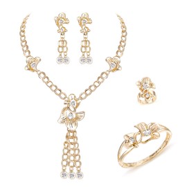 BriLove Women's Jewelry Set Austrian Crystal Flower Statement Necklace Dangle Earrings Cuff Bracelet Adjustable Ring for Party Prom Clear Gold-Tone