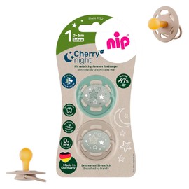 NIP Cherry Round Dummy Night 0-6 Months, Luminous Dummy, from Birth 0+ Months, Nursing Friendly and Sustainable, Glows in the Dark, Pack of 2, Unisex Babies