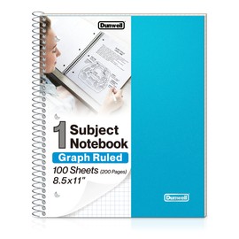 Dunwell Graph Paper Notebook 8.5 x 11 (Blue) Plastic Cover, 100 Sheets (200 Pages), 4x4 Squares, 1 Subject Graph Paper Spiral Notebook, 1/4" Grid, Pocket Divider, Easy Tear-Off, 3-Hole Punched
