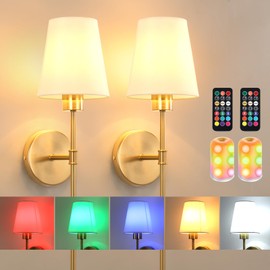 Shenmoyl Battery Operated Wall Sconces Set of 2, Rechargeable Wall Lights with 5000mAh RGB Dimmable Bulb, 12 Colors Wireless Wall Sconces for Bedroom Living Room, Gold