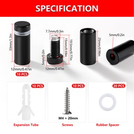 YIXISI 10 Pieces 12 x 30 mm Stainless Steel Advertising Screw Glass Spacer Wall Glass Standoff Holder with Screws for Sign Displays, Black