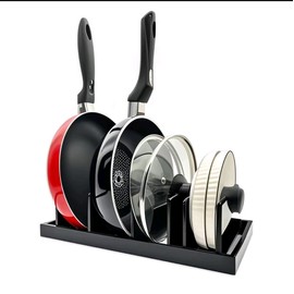 Bamboo Pot Lid Organizer for Cabinet & Kitchen Counter, Pan Lid Organizer Inside Cabinet, Pot Lid Holder, Sheet Pan Rack, Adjustable Pot Cover Holder Rack for Countertop, Under Cabinet Black