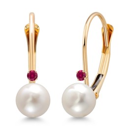 Gem Stone King 14K Yellow Gold Round White Cultured Freshwater Pearl and Round Red Created Ruby Leverback Drop Dangle Earrings For Women (Pearl: 5.5MM, Ruby: 1.5MM)