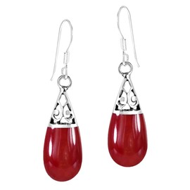 Filigree Swirl Teardrop Reconstructed Red Coral Inlay .925 Sterling Silver Dangle Earrings