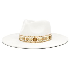 FLUFFY SENSE. Big Wide Brim Felt Rancher Fedora Hat for Women and Men - Boho Western Hat with 4 inches Flat Brim (US, Alpha, Medium, Pure White)