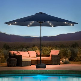 wikiwiki 11FT Solar Led Patio Umbrella with Base, Sturdy Outdoor Market Umbrella for Deck, Pool, Garden w/Tilt, Crank, 32 LED Lights, Navy Blue