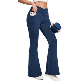 Ewedoos Flare Bell Bottom Jeans for Women Jeggings Tummy Control High Waisted Stretchy Crossover Pull On Jeans Dark Blue