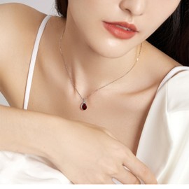 FH.bird Women's Garnet Necklace, Popular, January Birthstone, Love Stone, 925 Silver, Hypoallergenic, Simple, Long, Red, Coming-of-Age Ceremony, Birthday Gift, Popular