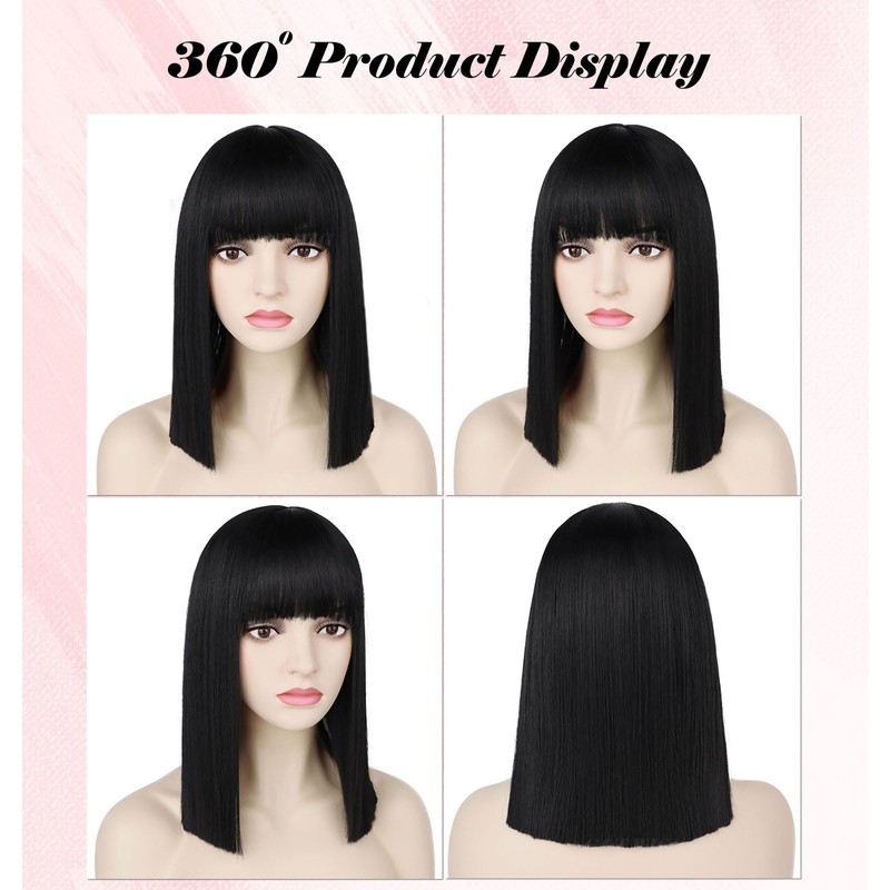G&T Wig Black Bob Wig with Bangs 14inch Straight Bob