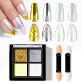 NXJ INFILILA Pearl Chrome Nail Powder Kit, Chrome Pallete for Nails 4 Colors - Gold, Silver, Moonlight White, Iridescent Yellow, Pearl Mermaid Aurora Effect Pigment for Gel Polish, Gift for Women