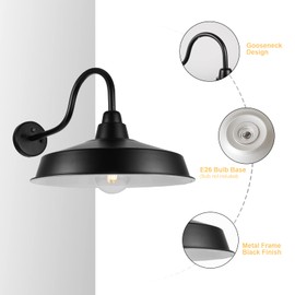 Diyel Dusk to Dawn Gooseneck Barn Light Outdoor, 16 Inch Dome Large Farmhouse Exterior Light Fixture Wall Mount, Industrial Outdoor Wall Sconce Outside for House, Shop, Porch, Garage, Black, 1 Pack