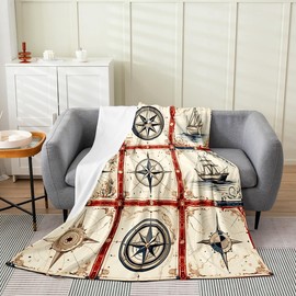 Castle Fairy Nautical Compass Throw Blanket Lightweight Maritime Adventure Theme Fleece Blanket Vintage Sailboat Bed Blanket Geometric Patterns Flannel Blanket Bedroom Decor Queen 90x90