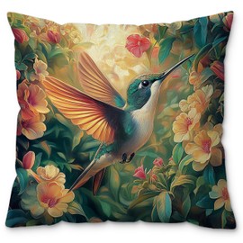 ROXMART Vintage Floral Hummingbird Pillow Cover 18x18, Hummingbird Lover Gifts, Colorful Nature Flower Botanical Bird Decorative Pillow Cover for Home Bedroom Living Room