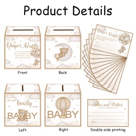 SZSHANN 51 Pcs Bear Diaper Raffle Tickets with Diaper Raffle Card Box for Baby Shower Supplies, Diaper Raffle Sign Brown Bear Themed Insert Card, Advice and Wishes Diaper Raffle Insert Ticket
