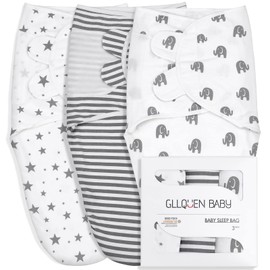 GLLQUEN BABY Swaddle Blankets for Baby Boy Girl, 3-6 Months, Gray Elephant Star & Stripe, 3 Pack Wrap Set, Newborn Adjustable Swaddles Sleep Sack,(Medium/Large)