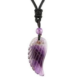 KYEYGWO Hand Carved Amethyst Angel Wing Healing Reiki Gemstone Pendant Necklace for Unisex with Adjustable Cord 26"