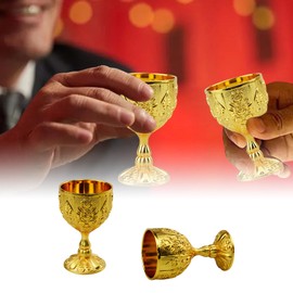 Flylin 2 Pcs Chalice Goblet, 30ml Vintage Chalice Goblet Metal Shot Glasses Tiny Embossed, Wine Cup Medieval Retro Ornaments for Kitchen Home Bar Party Wedding Decoration (Gold)