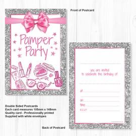 Olivia Samuel 20 x Pamper Party Invitations - Girl/Teen Birthday Invites - Pink and Photo Effect Silver Glitter Effect - A6 Postcard Size with envelopes
