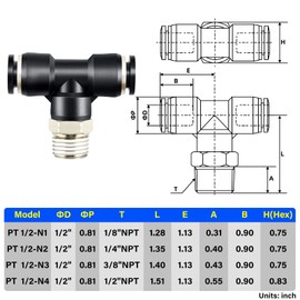 Tailonz Pneumatic Male Branch Tee 1/2 Inch Tube OD x 1/2 Inch NPT Thread Push to Connect Fittings PT-1/2-N4 (Pack of 10)
