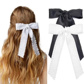 2PCS Hair Bows for Women Girls, Black White Bow for Hair Slides Metal Clips Cute Ruffled Edge Satin Ribbon Accessories for Toddlers Teens Kids