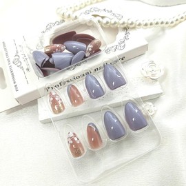 Almond Press on Nails Short Fake Nails with Gold Glitter Flower Designs Purple Nails Press ons Glossy Glue on Nails French Tip False Nails Nude Acrylic Nails Full Cover Stick on Nails for Women 24Pcs