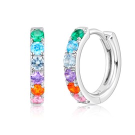 Earrings,Solid 925 Sterling Silver Hoop Earrings, Rainbow Colorful Cubic Zirconia Hoop Earrings, Fine Jewelry for Women (WHITE GOLD)