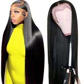 34 Inch Lace Front Wigs Human Hair 200 Density 13x6 HD Lace Front Wigs Human Hair Pre Plucked Glueless Wigs Human Hair for Women Straight Lace Frontal Wigs Human Hair Natural Color (Natural Black, 34)