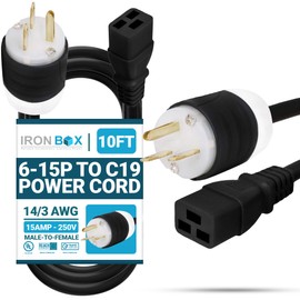 IronBox Electric - Heavy Duty 6-15P to C19 Power Cord - Rated for 15A/250V, 14/3 AWG SJT Jacket - Durable Power Cable for Servers, PDU, IT Equipment - Ideal for Data Centers & Offices (10 ft, Build)