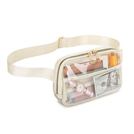 Clear Bag for Stadium Events, Fanny Pack with Adjustable Strap, Clear Crossbody Bags for Women Men, Clear Belt Bag for Concerts Sports Travelling Hiking Running（Cream）