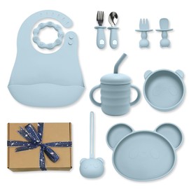 Silicone Baby Feeding Set, Baby Led Weaning Supplies, Suction Plate and Bowl, Self Feeding Spoons, Tiny Cup, Bib, First Stage Food Set, Baby Dishes, Infant Eating Utensils for 6+ Months (BLUE)
