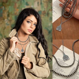 Layered Navajo Pearls Necklace with Western Pendant Necklaces for Women Cowgirl Retro Tribe Western Fashion Accessories (E)