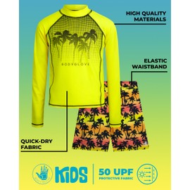 Body Glove Boys Swim Set - Boys Swim Trunks with Rash Guard UPF50+ 2 Piece Bathing Suits with Shorts Swimsuit Set (Size 4-12), Size 10, Neon Yellow Palm Trees