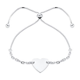 Personalize Heart Shaped Name Plated Bar Identification Tag ID Heart Bolo Bracelet For Women Teen .925 Sterling Silver Adjustable Customize