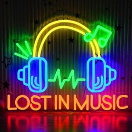 AEHEMNGZ Lost in Music Neon Sign for Wall Decor Colourful Headphone LED Light Sign with Usb Powered Funny Music Light Up Sign for Bedroom Bar Pub Club Party Game Room (16.54 * 12.6 in)