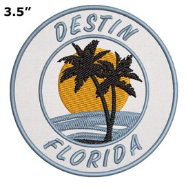 Destin, Florida Retro Vintage Sunset Beach Palm Tree Scene Embroidered Premium Patch DIY Iron-on or Sew-on Decorative Badge Emblem Vacation Souvenir Travel Gear Clothes Appliques Ocean Series