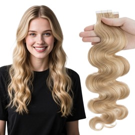 Elailite Wavy Tape in Hair Extensions Human Hair Body Wave Real Remy Hairpieces Golden Brown & Bleach Blonde 18 Inch 50g 20pcs Invisible Seamless Skin Weft Best Tape for Women