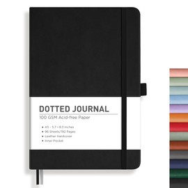 RETTACY Bullet Dotted Journal Notebook, 192 Pages, A5 Medium Size (14.5 × 21 cm), Leather Hardcover, 100 GSM Thick Paper, for Bullet Journaling, Planning, Tracking (Black)