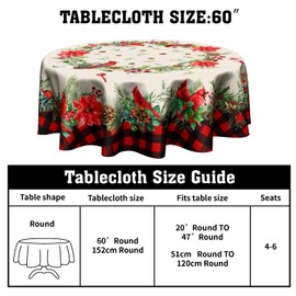 Giwawa Red Birds Floral Tablecloth Round 60 Inch Buffalo Plaid Decorative Water Resistant Table Cloth Cover for Dining Room Kitchen Holiday Party