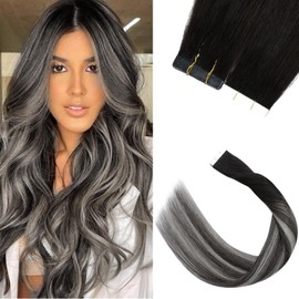 Tape in Hair Extensions Remy Hair Extension Hair Pieces Silky Straight 20 Pcs 30g/Set 16inch (Pack of 20)#1BT1BPGREY Natural Black Ombre Natural Black & Grey