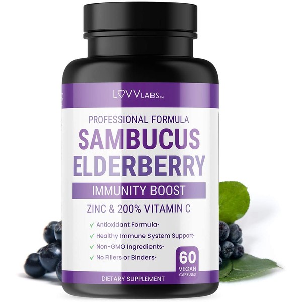 LUVV Labs Immune Boost and Support with Elderberry, Echinacea, Vitamin C, Lactobacillus Acidophilus, L-Glutamine, Turmeric, Zinc Oxide, Garlic, Vitamin E, Vitamin B6 (60)