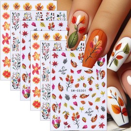 6 Sheets Fall Nail Stickers for Nail Art 3D Self-Adhesive Maple Leaf Nail Art Stickers Flower Autumn Leaves Nail Decals Fall Nail Design Sticker for Women DIY Manicure Decorate