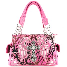 Justin West Camouflage Tree Branches Bling Rhinestone Cross Wings Handbag Purse Messenger Bags and Wallets (Cross Pink Handbag and Wallet)