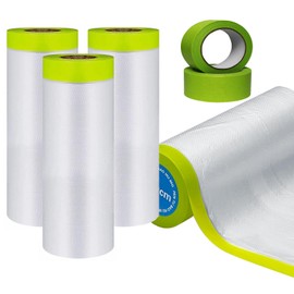 YUNXIHUI Painters Plastic with Tape, Tape and Drape, 4 Rolls Automotive Painters Tape and Plastic Film, Paint Plastic Covering Roll for Covering Skirting, Frames, Cars and Auto Body (55in X 65-Feet)