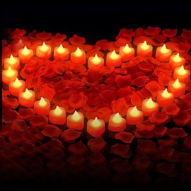 GOMETY 24 PCS Herz Form LED Teelichter, 1000 Stück Künstliche Gefälschte Rosenblätter und 24 Herzförmige Flammenlose LED Teelicht für Hochzeiten Valentinstag, Heiratsantrag Deko