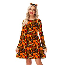 Women Thanksgiving Dress Funny Pumpkin Turkey Printed Casual Thankful Blessed Tunic Dress Black XL