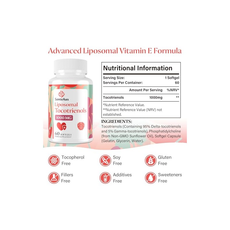 Liposomal Tocotrienols 1000mg Vitamin E Supplement, 2 Pack